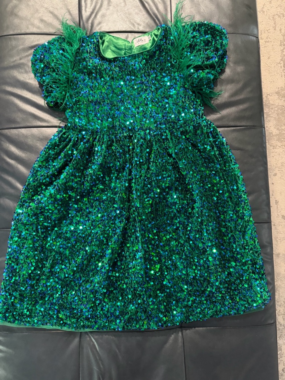 Girls Green Sequin Party Dress with Feather Sleeves